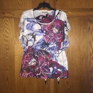 White top with burgundy flowers with rhinestones
